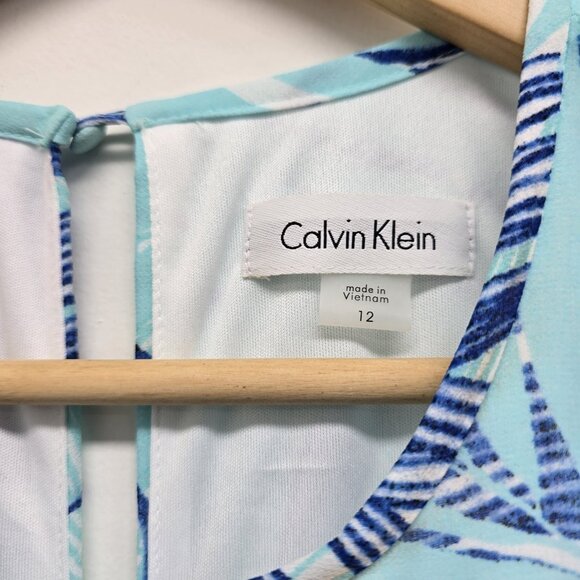 NWT Calvin Klein Palm Leaf Sleeveless Shift Dress Size 12 Lined Turquoise Blue - Picture 3 of 11